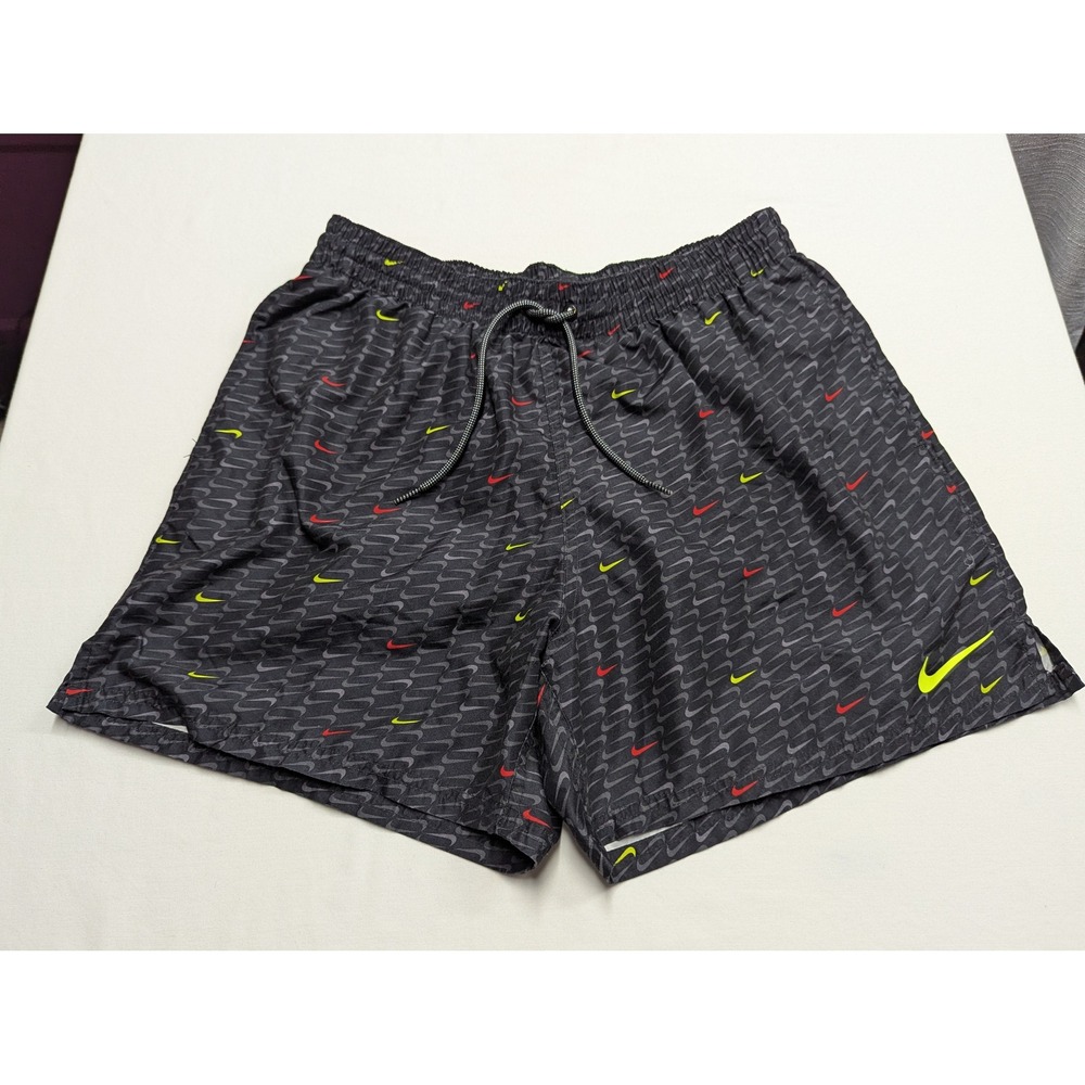 Nike Mens Swim Trunks Black Red Volt Swoosh Logo Print Shorts NESSC485 Size L